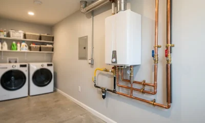 A wall-mounted tankless water heater installed with copper pipes, brass shutoff valves, and a yellow gas line in a home utility room — showing how to install tankless water heater correctly.
