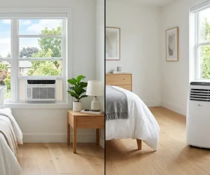 Window AC vs portable AC side-by-side comparison in a modern bedroom showing a window unit on the left and a portable AC unit on the right
