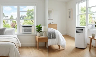Window AC vs portable AC side-by-side comparison in a modern bedroom showing a window unit on the left and a portable AC unit on the right
