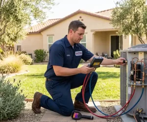What is AC maintenance — certified HVAC technician checking refrigerant levels on a Carrier condenser unit at a Temecula home