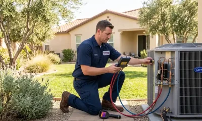 What is AC maintenance — certified HVAC technician checking refrigerant levels on a Carrier condenser unit at a Temecula home
