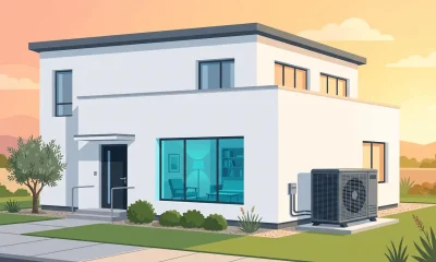 What is aircon condenser: modern home exterior with outdoor AC condenser unit installed on the side