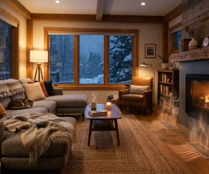 Cozy living room with floor vents and thermostat showing what is forced air heating in a modern home during winter